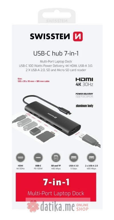 Swissten USB-C HUB 7-IN-1 (USB-C 100W, HDMI 4K, 1x USB-A 3.0, 2x USB-A 2.0, SD, MICRO SD) ALUMINIUM в Черногории