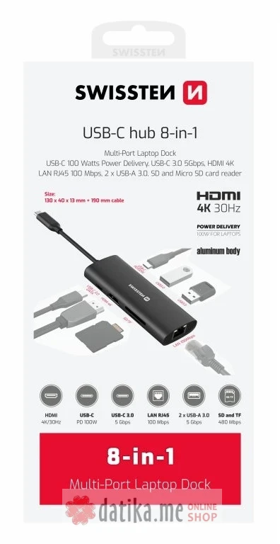 Swissten USB-C HUB 8-IN-1 (USB-C 100W, HDMI 4K, LAN RJ45, 2x USB-A, 1x USB-C 5GBps, SD, MICRO SD) ALUMINIUM в Черногории