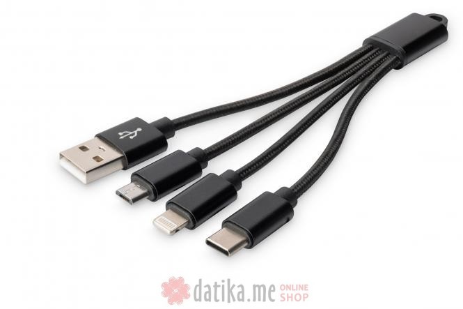 Digitus USB charger cable, 0.15m 3 in 1 cable, (lighting+ micro B+ Type-C), black