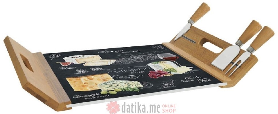 EASY LIFE DASKA ZA POSLUŽIVANJE SA STAKLOM 44x28cm+4 NOZA WORLD OF CHEESE