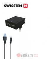 Swissten Travel charger smart IC with 2x USB 3A, data cable USB/Type C 1.2 M, black