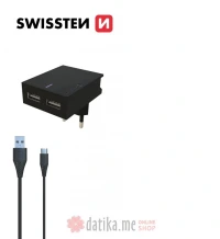 Swissten Travel charger smart IC with 2x USB 3A, data cable USB/Type C 1.2 M, black