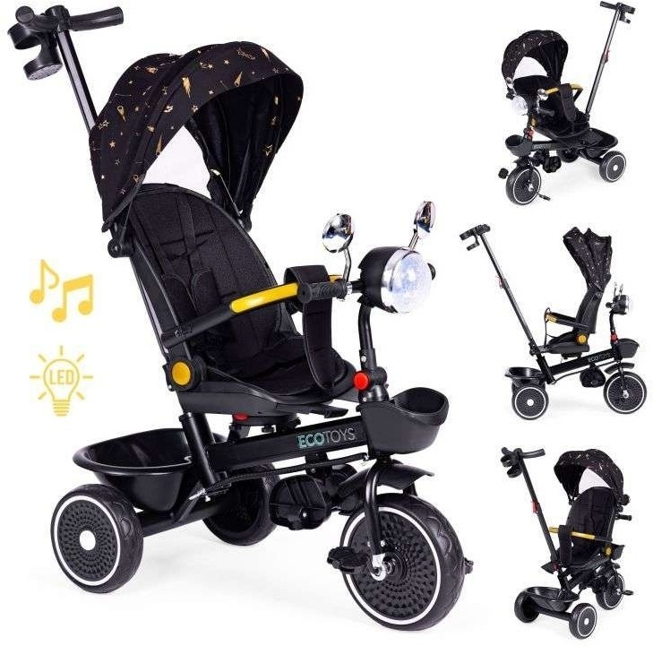 ECOTOYS TRICIKL ZA DJECU SA ROTIRAJUĆIM SJEDIŠTEM, GURAJUĆIM RUKOHVATOM I TENDOM BLACK ECOTOYS TRICIKL ZA DJECU SA ROTIRAJUĆIM SJEDIŠTEM, GURAJUĆIM RUKOHVATOM I TENDOM BLACK