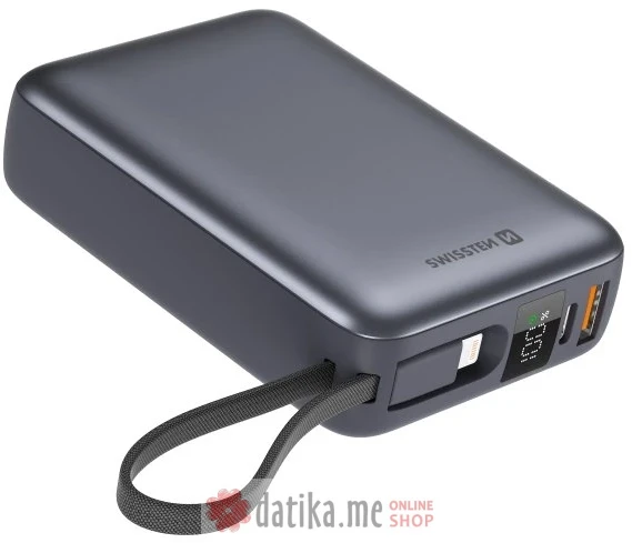 Swissten Power bank 20000 mAh with built-in cables USB-C and Lightning Space silver