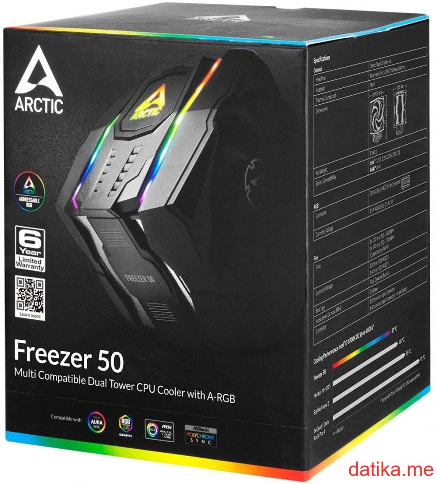 ARCTIC Freezer 50 - Multi Compatible Dual Tower CPU Cooler with A-RGB, ACFRE00080A