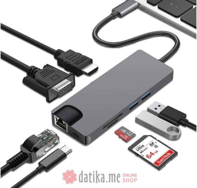 E-GREEN Adapter USB 3.1 Tip C (M) - HDMI+VGA+2X 3.0 USB + tip C + SD (F) + RJ45 в Черногории