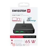 Swissten Travel Charger GaN 2x USB-C + 2x USB-A 65W Power Delivery Black