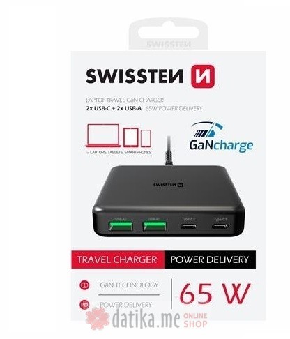 Swissten Travel Charger GaN 2x USB-C + 2x USB-A 65W Power Delivery Black