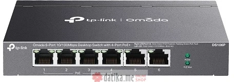 TP-Link DS106P Omada 6-Port 10/100Mbps Unmanaged Desktop Switch with 4-Port PoE+, 67 W, Bez ventilatora в Черногории