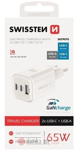 Swissten Travel Charger GaN 2x USB-C 65W PD + 1x USB-A 18W QC White