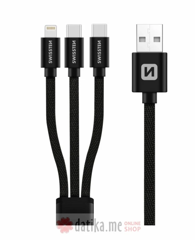 Swissten Data cable textile 3in1 1,2m, Black (Lighting, 2x USB-C)