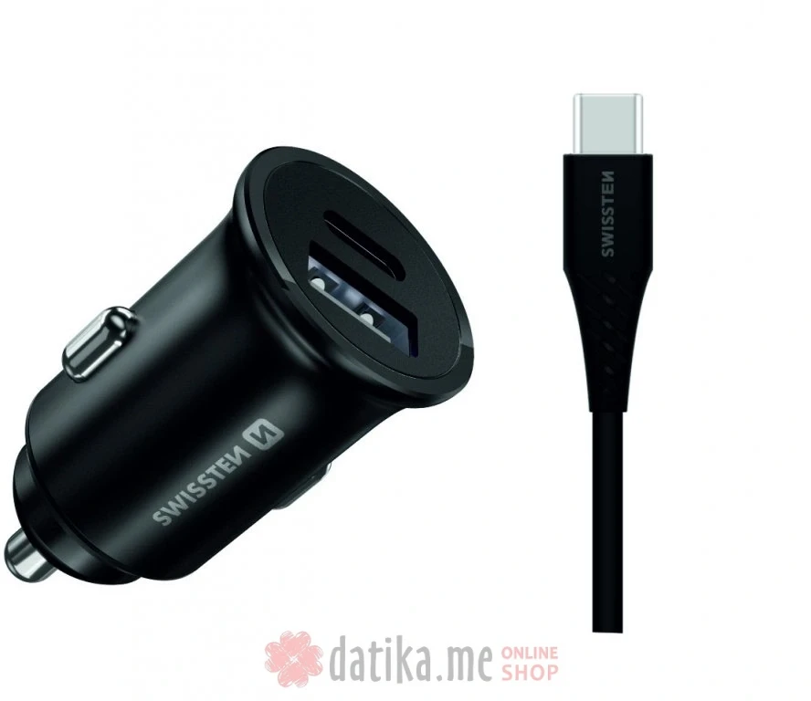Swissten Car charger for Samsung fast charging 25W + data cable USB-C/USB-C 1.2 M, black