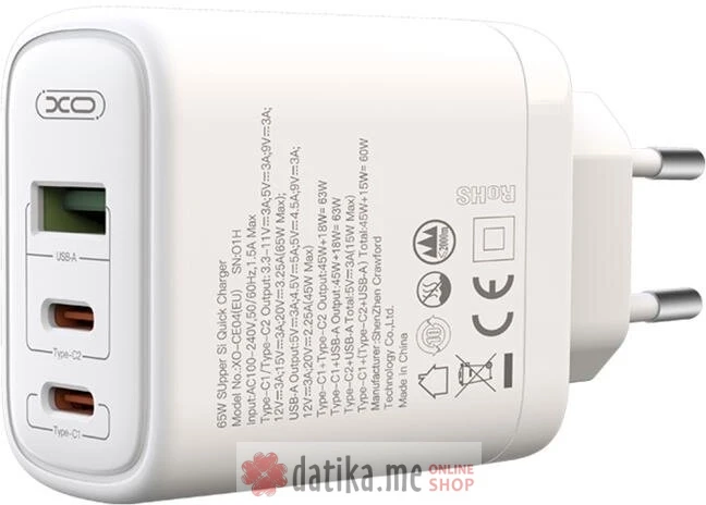 XO wall charger CE04 PD 65W 2x USB-C 1x USB white