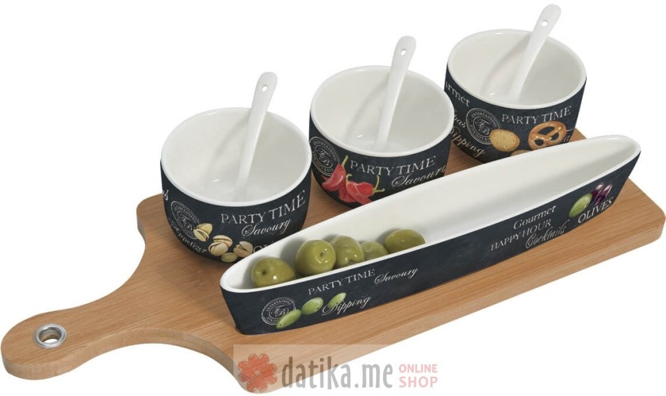EASY LIFE SET 3 ZDJELICE SA KASIKAMA+POSUDA ZA MASLINE NA BAMBUS DASKI