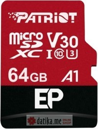 Patriot MEMORY CARD 64GB MicroSDXC V30 U3 EP SERIES, 4K recording