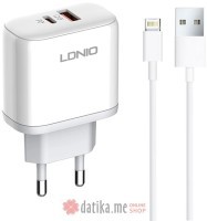 LDNIO A2526C 45W QC4.0 Dual USB-A/USB-C punjač beli + lightning kabl