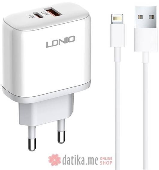 LDNIO A2526C 45W QC4.0 Dual USB-A/USB-C punjač beli + lightning kabl