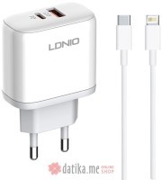 LDNIO A2526C 45W QC4.0 Dual USB-A/USB-C punjač beli + Tip-C na lightning kabl