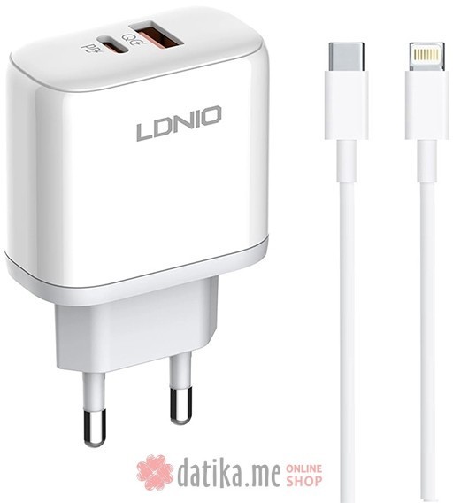 LDNIO A2526C 45W QC4.0 Dual USB-A/USB-C punjač beli + Tip-C na lightning kabl в Черногории