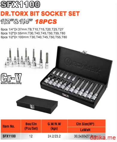 Somafix SFX1100 Ključevi Torx prihvat 1/2"-1/4" CRV T8-T60 set 18kom